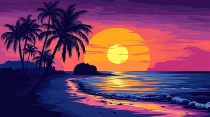 Naklejka premium Sunset over a tropical beach with palm trees