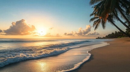 Obraz premium Tranquil Beach Scene with Palm Trees and Sunset