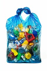 Plastic bottles and containers in a blue garbage bag.