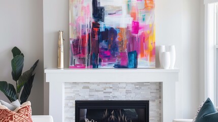 Colorful Abstract Artwork Above Fireplace
