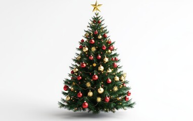 Classic Christmas Tree with Red and Gold Ornaments: A lush green Christmas tree adorned with classic red and gold ornaments, shimmering tinsel, and a golden star on top