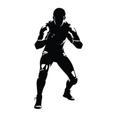 Obraz premium A man is standing in a boxing ring. He is wearing a black shirt and black pants. He is holding his hands up in the air