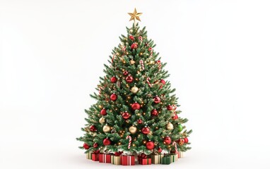 Fototapeta premium Classic Red and Green Christmas Tree: A traditional Christmas tree adorned with red and green baubles, candy canes, and twinkling warm lights, topped with a gold star, displayed on a white background 