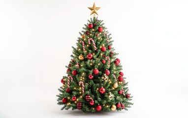 Obraz premium Classic Red and Green Christmas Tree: A traditional Christmas tree adorned with red and green baubles, candy canes, and twinkling warm lights, topped with a gold star, displayed on a white background 