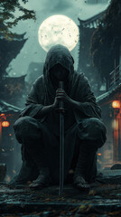 Obraz premium Ninja crouched under a full moon by Japanese architecture.