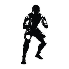 Fototapeta premium A man is standing in a boxing ring. He is wearing a black shirt and black pants. He is holding his hands up in the air