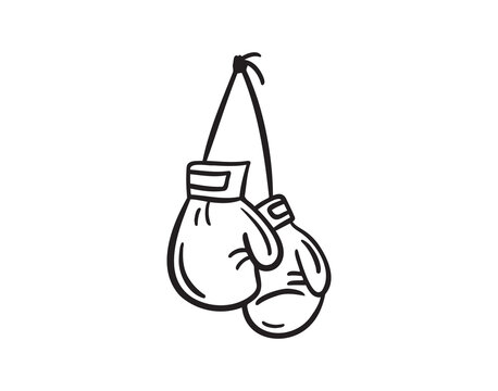 Line hand drawn doodle boxing gloves with ribbon. Outline box drawing icon isolated on white background