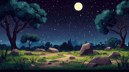 Nighttime forest scene with a full moon, starry sky, and a dirt path