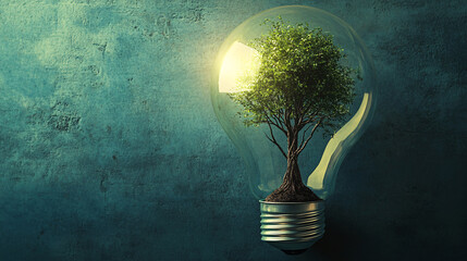 Bulb light with tree inside The bulb is located on the inside with leaves forest and the trees are in the light. environmental conservation and global warming plant growing inside lamp