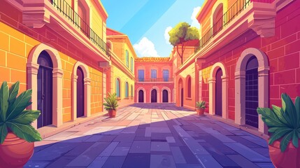 Fototapeta premium Narrow cobblestone street with arched doorways and balconies in an Italian town