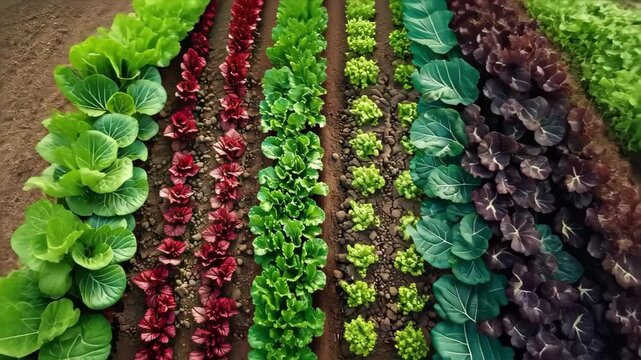 A garden with rows of various leafy greens, including red and green lettuce, and other vegetables in fertile soil.