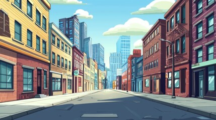 Obraz premium A Cartoon City Street with Tall Buildings and a Sunny Sky