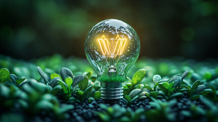 Bulb light with tree inside The bulb is located on the inside with leaves forest and the trees are in the light. environmental conservation and global warming plant growing inside lamp