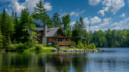 Obraz premium Quintessential Vacation Log Cabin Nestled Between Pristine Lake and Dense Pine Forest