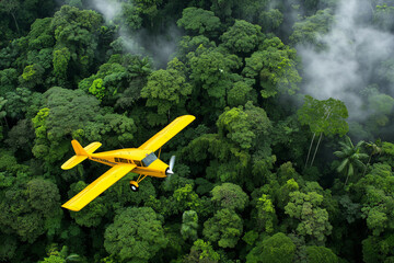 Yellow or orange small airplane flying over the tropical rainforest on a cloudy day