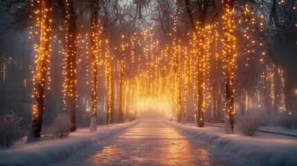 Naklejka premium A snowy path lined with trees decorated with warm string lights.