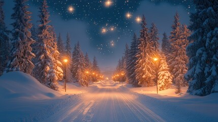 A snowy path through a forest lit by streetlights at night with a star-filled sky.