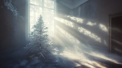 Snow-Covered Christmas Tree in a Room with Sunlight Streaming Through a Window
