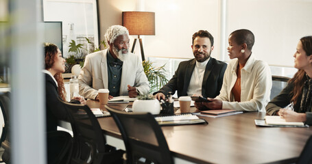 Group, feedback and business people in meeting, communication and financial company. Employees, accounting firm and planning in boardroom, partnership and conversation for budget report and review