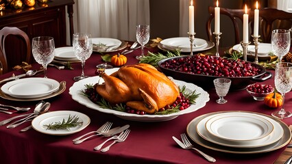 Roasted turkey on a platter with cranberry sauce and candles on a red tablecloth for Thanksgiving dinner.