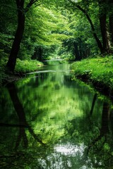 Obraz premium Reflective trees and a tranquil stream.