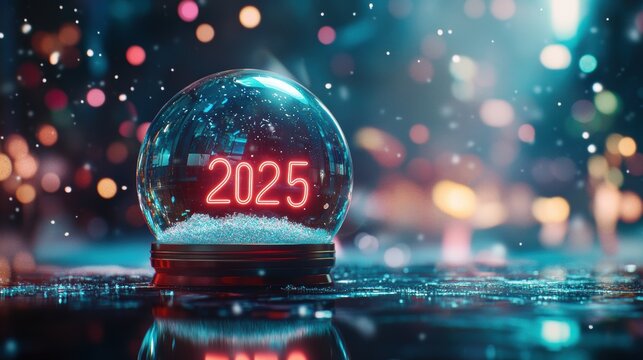 Futuristic snow globe displaying '2025' with gentle falling digital snow and neon illumination, creating a festive New Year atmosphere on a dark reflective surface.