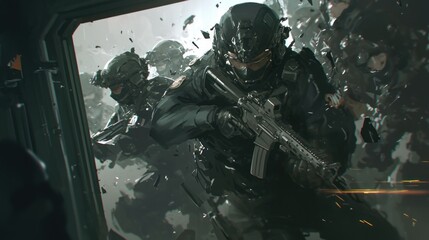 A group of soldiers in tactical gear charge through a doorway, weapons drawn, with debris flying in the air.