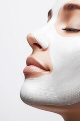 A close-up of a woman's face applying a white facial mask, showcasing smooth skin and relaxed expression, with eyes closed.