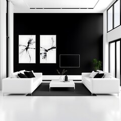 3D render of a minimalist living room with a bold black-and-white color scheme, symmetrical furniture layout, and two abstract paintings on the wall.