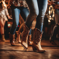 People wearing Cowboy boots while line dancing 