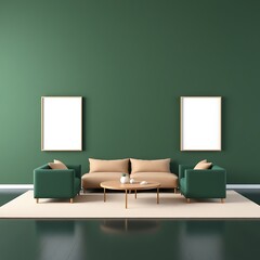 Symmetrical 3D render of a minimalist living room with contrasting dark green and beige tones, with two identical frames on either side of the wall.
