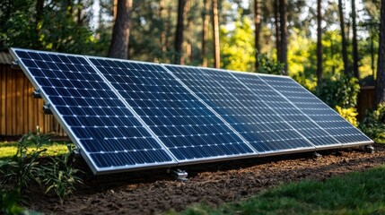 Solar panels installed in a green garden under bright sunlight, showcasing renewable energy technology in use