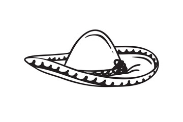 Hand drawn Mariachi hat illustration. Doodle mariachi hat. Sketch of mariachi hat isolated on white background. Sketch of sombrero. Vector illustration.