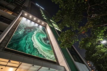Fototapeta premium Captivating Night Photography of Green Abstract Art for Trifold Brochure Template Design, Showcasing Vibrant Shades and Modern Aesthetic for Creative Projects