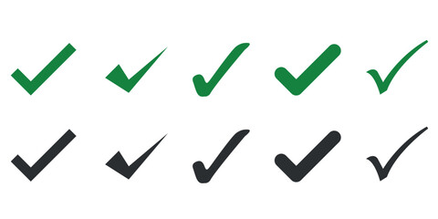 Assortment of check mark icons in green and black styles. Symbols for approval, completion, and verification.