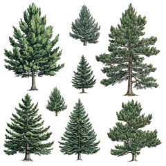 Various pine tree species illustrated with detailed features showcasing their sizes and shapes in a botanical style