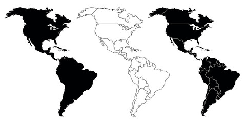 Map outlines of North and South America in filled and outline styles. Geographic and regional map designs.