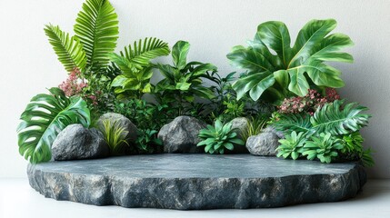 A stone podium surrounded by lush green tropical plants and rocks against a white background.