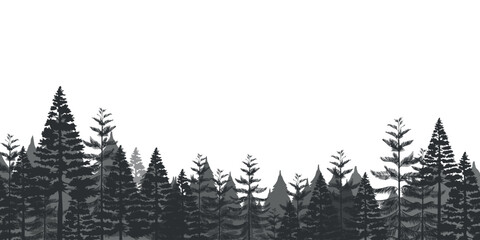 Silhouettes of pine trees forming a dense forest. Natural landscape design element for backgrounds and outdoor themes.