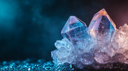 Obraz premium Ethereal quartz crystal cluster with dual points, glowing softly in a mystical, blue lit setting