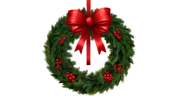 Christmas wreath made of green pine branches, decorated with red berries and a red bow isolated on a transparent background, png file
