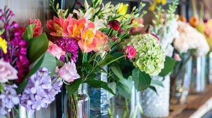 A colorful display of flowers in vases
