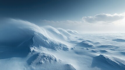 Fototapeta premium A vast, snow-covered landscape with windswept dunes under a blue sky and white clouds.