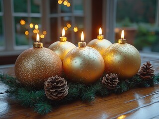 Golden baubles with candles on a wooden table. The image can be used for Christmas or winter holidays.