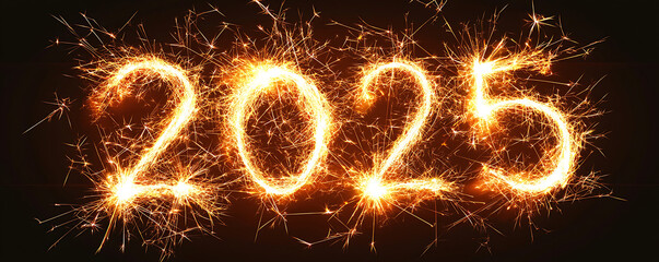 Bright sparkler forms the number 2025 against a dark background, symbolizing the New Year with glowing light trails