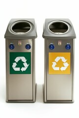 Two recycle bins with green and yellow labels.