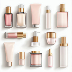 An assortment of elegant skincare and cosmetic products neatly arranged on a light background for beauty enthusiasts and marketers