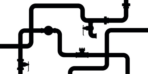Black pipeline illustration with various pipes, joints, and valves on a white background.
