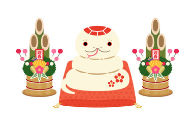 2025年　巳年　年賀状素材　座布団に乗ったへびの土人形と門松