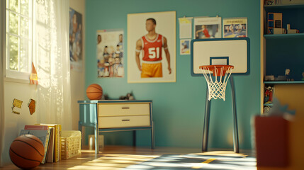 Obraz premium 3D Render of a Basketball Hoop in a Kid's Room